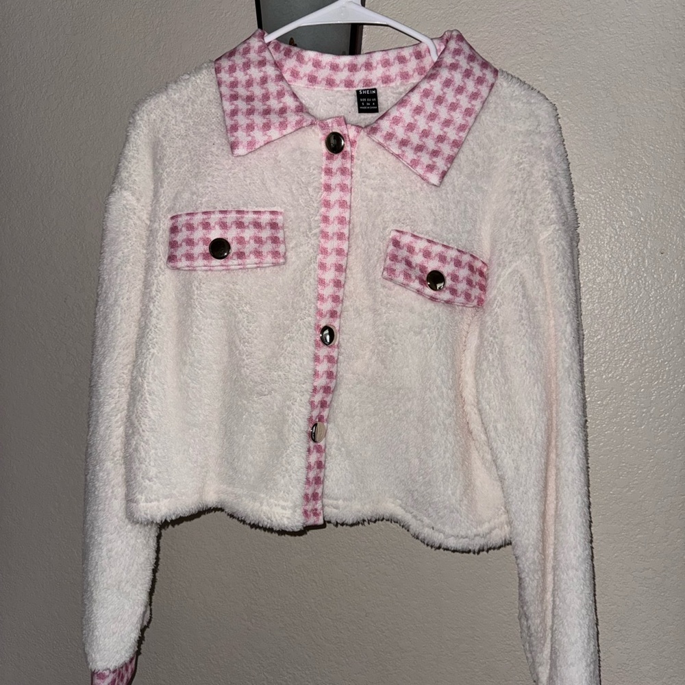 Chic White and Pink Cropped Jacket and Skirt